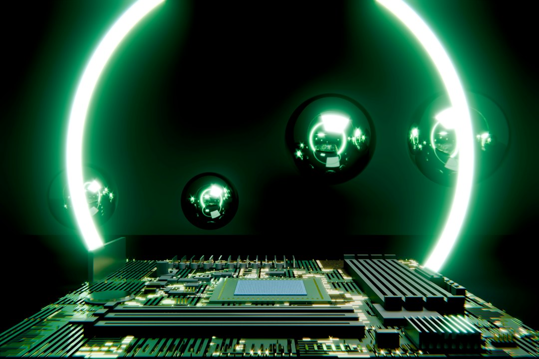 Placa de circuito con anillos verdes luminosos y esferas reflectantes